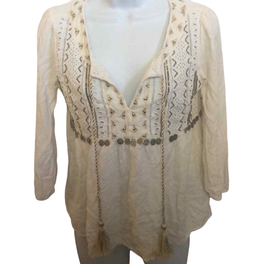 Boho Eyelet Embroidered Coin Tassel Peasant Blouse‎ Cream Long Sleeve Top